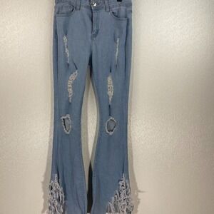 Y2K H & Y SLIM FLARE FRINGE JEAN LIGHT BLUE JEANS FOR RODEO CONCERT OR NIGHT OUT